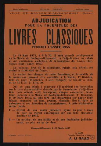 Adjudication pour la fourniture des livres classiques pendant l'année 1955,