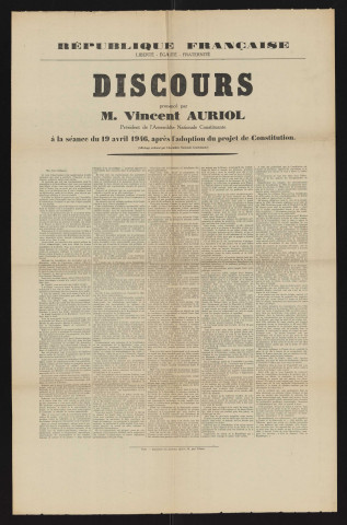 Discours prononcé par M. Vincent Auriol, président de l'Assemblée nationale constituante à la séance du 19 avril 1946 après l'adoption du projet de Constitution,