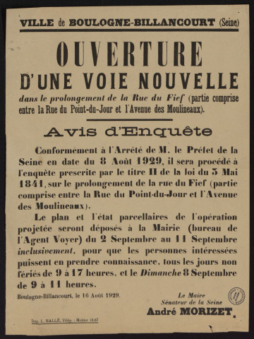 Ouverture d'une voie nouvelle dans le prolongement de la rue du Fief (partie comprise entre la rue du Point-du-Jour et l'avenue des Moulineaux),