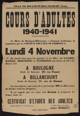Cours d'adultes, 1940-1941 é,