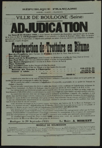 Adjudication [de la] construction de trottoirs en bitume éî,