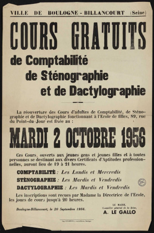 Cours gratuits de comptabilité, de sténographie et de dactylographie éàÉ,