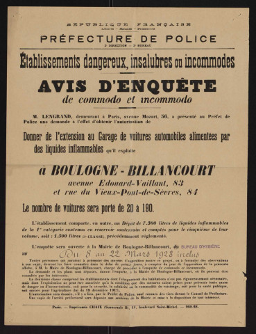 Avis d'enquête de commodo et incommodo : avenue Edouard-Vaillant 83 et rue du Vieux-Pont-de-Sèvres 84, M. Lengrand : extension d'un garage de voitures automobiles alimentées par des liquides inflammables, dont le nombre de places est porté de 20 à 190.