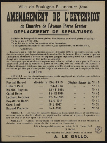 Aménagement de l'extension du cimetière de l'Avenue Pierre-Grenier : déplacement de sépultures,