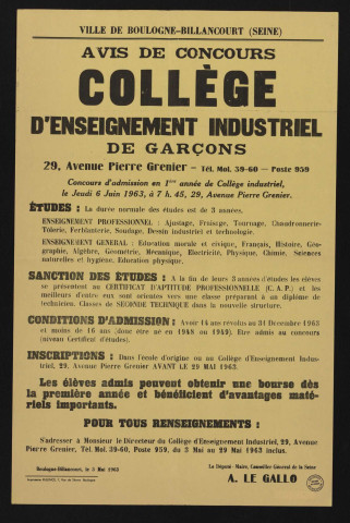 Collège d'enseignement industriel de garçons, 29 avenue Pierre-Grenier : avis de concours [d'admission],