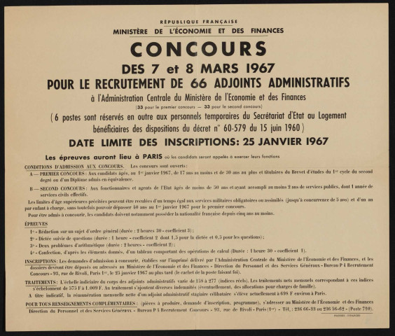 Concours des 7 et 8 mars 1967 pour le recrutement de 66 adjoints administratifs à l'administration centrale du ministère de l'Economie et des Finances, Recrutement à Boulogne-Billancourt d'un électricien haute et basse tension et d'une femme de service.