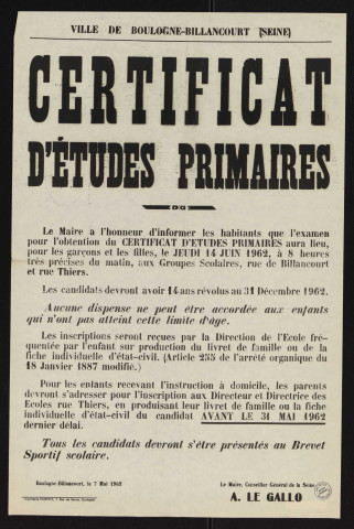 Certificat d'études primaires ,