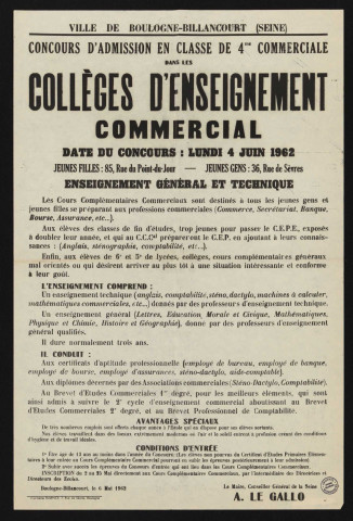 Concours d'admission en classe de 4me commerciale dans les collèges d'enseignement commercial,