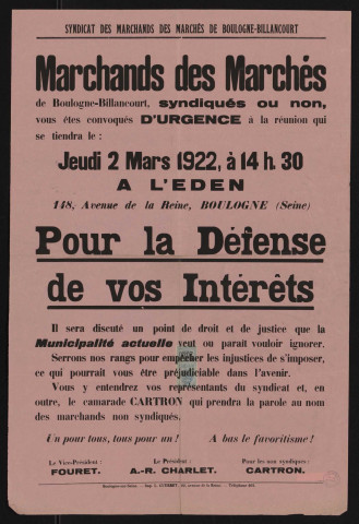 Marchands des marchés de Boulogne-Billancourt é pour la défense de vos intérêts,