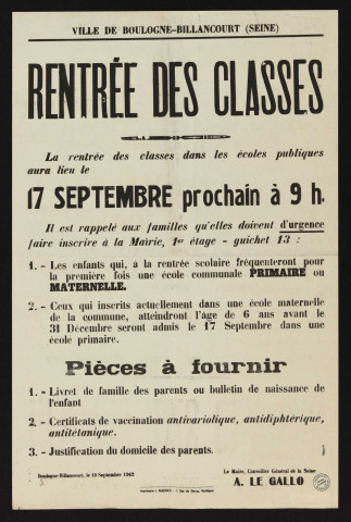 Rentrée des classes [le] 17 septembre,