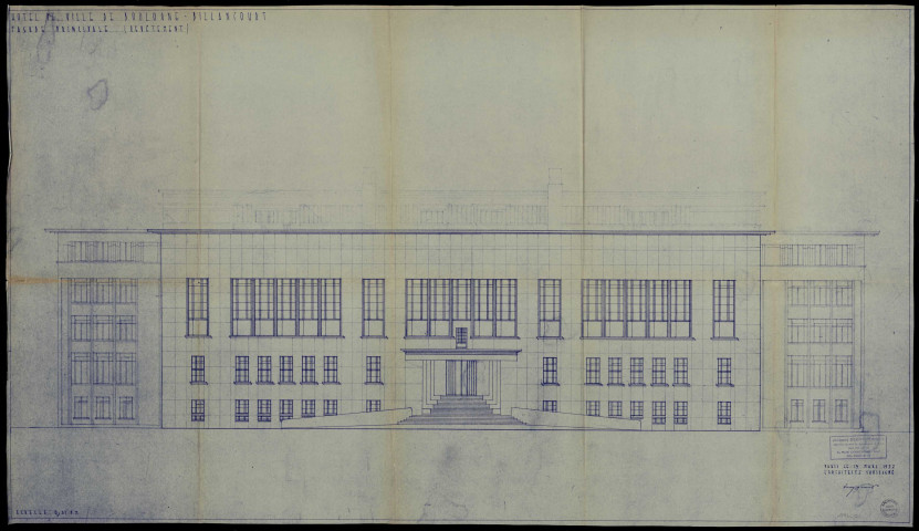 - Façade principale (revêtement) - Tony Garnier - 2 ex - 19/03/1932- Façade latérale (revêtement) - Tony Garnier - 4 ex - 19/03/1932- Façade postérieure (revêtement) - Tony Garnier - 3 ex- Portes sur entrée principale et escalier d'honneur - Tony Garnier - 2 ex - 02/12/1932- Lanterneaux des courettes - Tony garnier - 2 ex- Lanterneau sur grand esclier - Tony Garnier - 2 ex - 30/04/1933- Rampe et garde-corps - Tony Garnier - 2 ex - 14/01/1933- Coupe-projet initial approuvé - Tony Garnier- Rampe et garde-corps - Tony Garnier - 2 ex - 14/01/1933- Façades sur les courettes, façade nord et sud - Tony Garnier - 2 ex - 14/01/1933- Garage pour 20 voitures - Débat Ponsan - 2 ex - 30/12/1931- Garage pour 20 voitures - Débat Ponsan - 2 ex - Décoration - Documents généraux- Etablissements de l'emplacement du Nouvel Hôtel de Ville : acquisition de terrains, mémoire descriptif, projet de convention, plan de situation, délibération soumission Vallet, abords de l'Hôtel de Ville, plan parcellaire du 27 juillet 1932- Délibérations - approbation des plans et devis, voies et moyens d'exécution, honoraires de Tony Garnier- Financement de la construction de l'Hôtel de Ville, proposition de réduction de la retenue de garantie sur les travaux, décompte définitif des travaux, situation financière de l'opération au 3 septembre 1933, après adjudication de la troisième tranche de travaux- Construction : plan de situation, devis estimatif, cahier des charges générales des travaux d'architecture, cahier des charges particulières et additif au cahier des charges générales relatives aux travaux à exécuter pour la construction de l'hôtel de ville, boulevard de la République prolongé ; clauses et conditions générales ; règlement général concernant les lots mis au concours en premier lieu ; règlement particulier au 1er, 2éme, 3ème, 4ème, 5ème, 6ème, 7ème, 8ème, 9ème lots ; devis descriptifs des travaux à exécuter pour les 1er, 2ème, 3ème, 4ème, 5ème, 6ème, 7ème, 8ème, 9ème lots ; délibération sur les voies et moyens d'exécution - Devis estimatif des travaux à exécuter- Acquisition immobilière sur le boulevard de la République :  * Démolition rue de la Saussière * Démolition rue Galliéni * Plan d'ensemble au 1/10 000 * Plan parcellaire au 1/500 * Etat parcellaire * Evaluation de la dépense * Délibération du Conseil Municipal * Convention avec Monsieur Le Floch * Convention avec MM. Huguet Frères * Raccordement de l'installation téléphonique - contrats1ère TRANCHE : Publicité pour la mise en adjudication des 1er, 5ème et 9ème lots- Organisation du Nouvel Hôtel de Ville, répartition des services ; plans jury, affiches, publicité