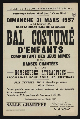 Patronage laïque municipal Victor Bizet : bal costumé d'enfants,