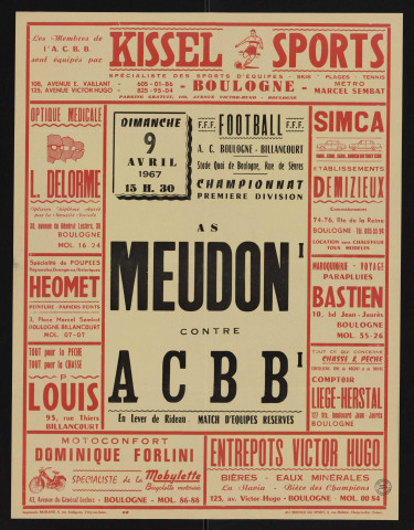 Football, championnat première division : AS Meudon contre ACBB, Nombreux encarts publicitaires.