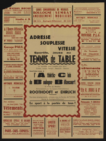 Adresse, souplesse, vitesse : sportifs, jouez au tennis de table, Nombreuses publicités d'entreprises.