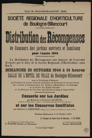 Société régionale d'horticulture de Boulogne-Billancourt : distribution des récompenses du concours des jardins ouvriers et familiaux pour l'année 1944,