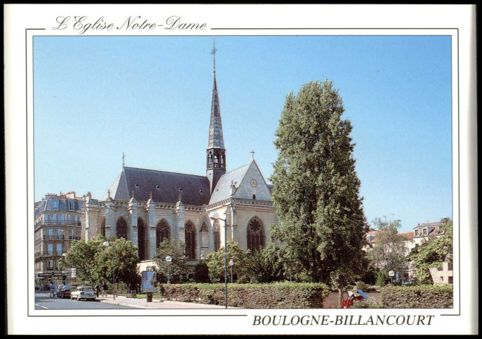 L'Eglise Notre-Dame - Boulogne-Billancourt, Boulogne-Billancourt - place du Parchamp . - façade de l'église Notre-Dame-de-BoulogneAu premier plan à droite, la place et le square du Parchamp. Au second plan, la façade de l'église Notre-Dame-de-Boulogne depuis l'avenue Charles de Gaulle.