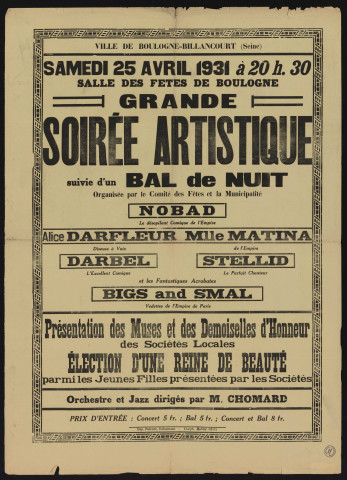 Grand soirée artistique suivie d'un bal de nuit organisée par le comité des fêtes et la municipalité,