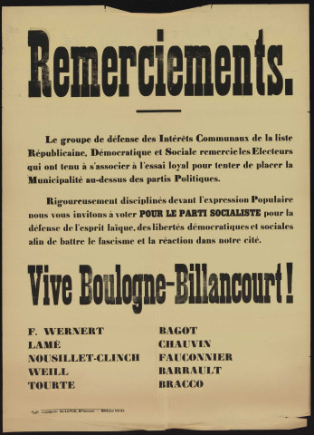 Remerciements [du groupe de défense des intérêts communaux de la liste républicaine, démocratique et sociale],