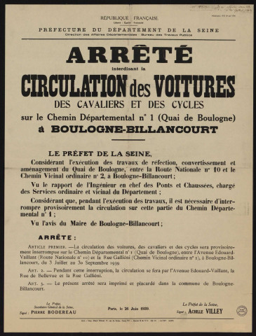 Arrêté interdisant la circulation des voitures, des cavaliers et des cycles sur le chemin départemental n°1 (quai de Billancourt), dans la partie comprise entre le Pont de Sèvres et la rue de Meudon,