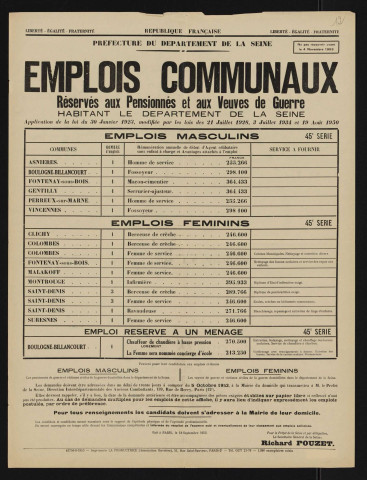 Emplois communaux réservés aux pensionnés et aux veuves de guerre habitant le département de la Seine, Recrutement à Boulogne-Billancourt d'un fossoyeur.