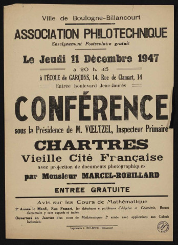 Association philotechnique : conférence Chartres vieille cité française,