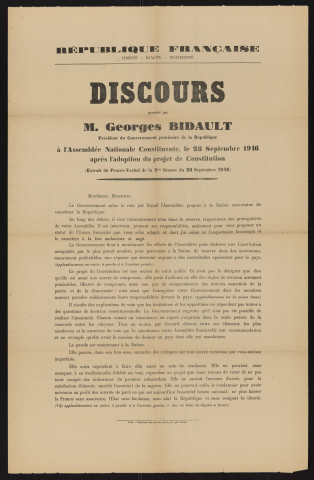 Discours prononcé par M. Georges Bidault, président du Gouvernement provisoire de la République à l'Assemblée nationale constituante le 28 septembre 1946 après l'adoption du projet de constitution,