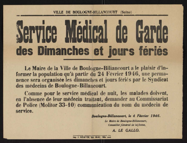 Service médical de garde des dimanches et jours fériés,