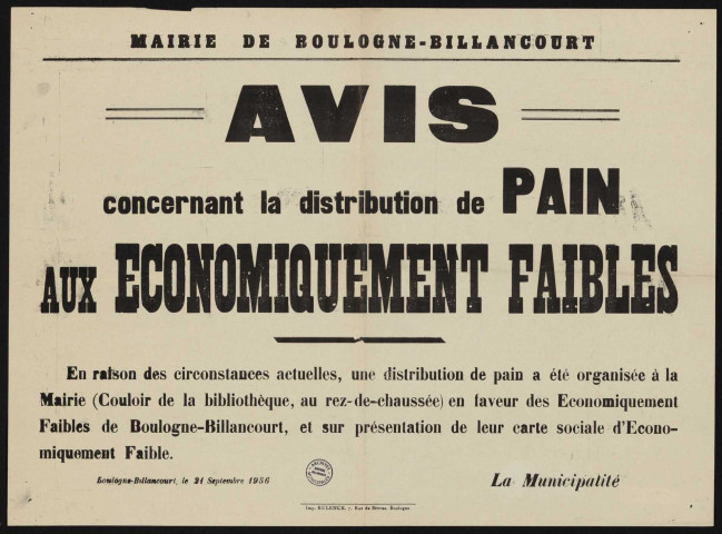 Avis concernant la distribution de pain aux abonnés économiquement faibles,