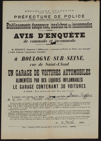 Avis d'enquête de commodo et incommodo : rue de Saint-Cloud, Société anonyme des Usines Renault : installation d'un garage de 30 voitures automobiles alimentées par des liquides inflammables.