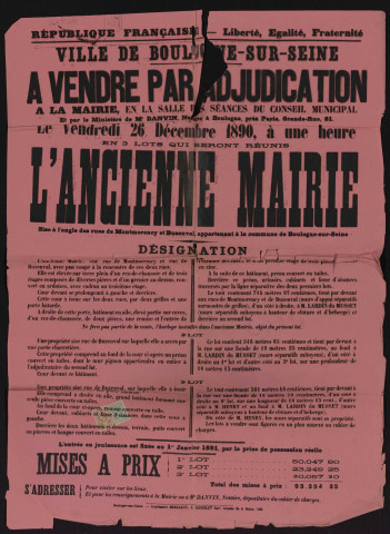 A vendre par adjudication : l'ancienne mairie sise à l'angle des rues de Montmorency et Buzenval,