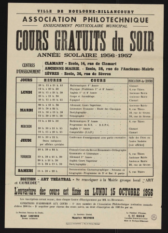 Association philotechnique : cours gratuits du soir, [horaires et lieux des cours pour l'] année scolaire 1956-1957,