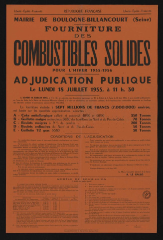 Fourniture des combustibles solides pour l'hiver 1955-1956 : adjudication publique,