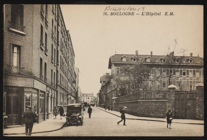 76 - Boulogne - L'Hôpital, Boulogne-Billancourt . rue Yves Kermen . - perspectiveAu premier plan à gauche, un restaurant hôtel "A la bonne bière", à droite une partie des bâtiments de l'hôpital Ambroise Paré correspondant à l'aile côté des dames