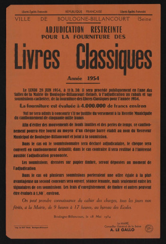 Adjudication pour la fourniture des livres classiques pendant l'année 1954,