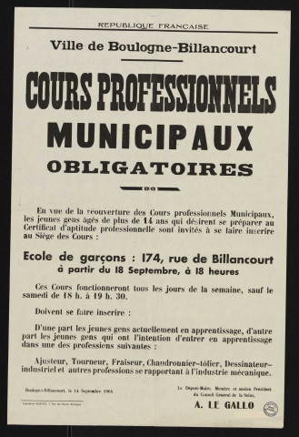 Cours professionnels municipaux obligatoires ,