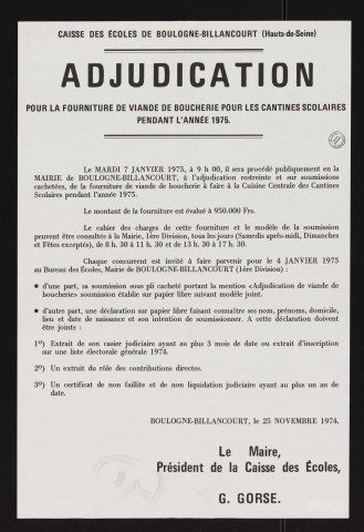 Adjudication pour la fourniture de viande de boucherie pour les cantines scolaires pendant l'année 1975,