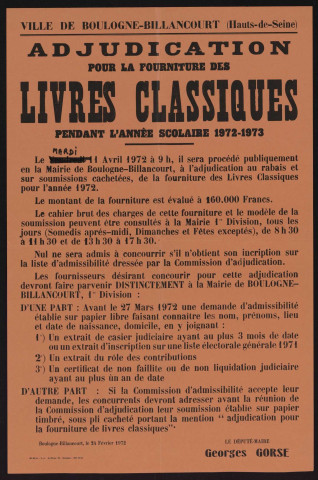 Construction d'un dépôt communal sente de la Belle-Feuille : adjudication [des] travaux de terrasse et maçonnerie,