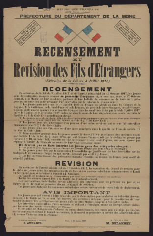 Recensement et révision des fils d'étrangers (exécution de la loi du 3 juillet 1917),