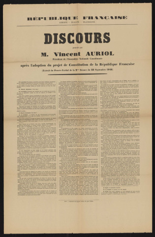 Discours prononcé par M. Vincent Auriol, président de l'Assemblée nationale constituante après l'adoption du projet de constitution,