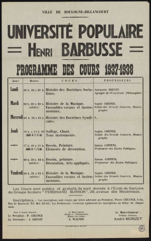 Université populaire Henri Barbusse : programme des cours 1937-1938,