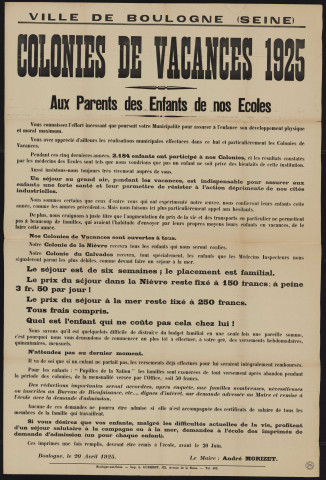 Colonies de vacances 1925 : aux parents des enfants de nos écoles,