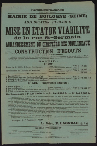 Mise en état de viabilité de la rue Saint-Germain ; agrandissement du cimetière des Moulineaux ; construction d'égouts,