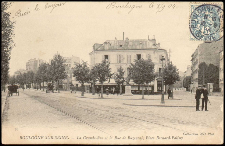 35 - Boulogne-sur-Seine - La Grande Rue et la rue de Buzenval, Place Bernard-Palissy, Boulogne-Billancourt . avenue Jean-Baptiste Clément . - perspectivePerspective sur l'avenue Jean-Baptiste Clément, à gauche. Au 1er plan à droite, la place Bernard Palissy, au 2nd plan, la rue de BuzenvalAu 2nd plan, au centre, une boulangerie-patisserie et un café