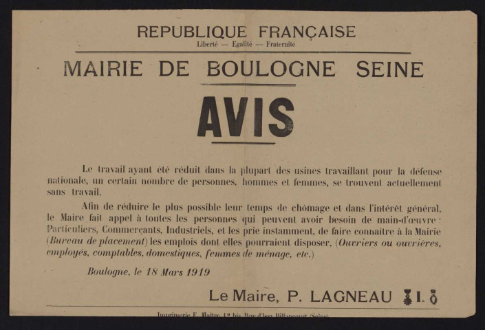 Avis [relatif au chômage des ouvriers travaillant pour la défense nationale],