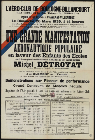 L'aéro-club de Boulogne-Billancourt [...] organise [...] une grande manifestation aéronautique populaire en faveur des enfants des écoles,