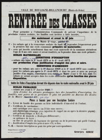 Rentrée des classes , Affiche de 1974 annotée pour 1975.