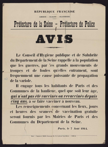 Avis [du Conseil d'hygiène publique et de salubrité de la Seine au sujet de la vaccination contre la variole],