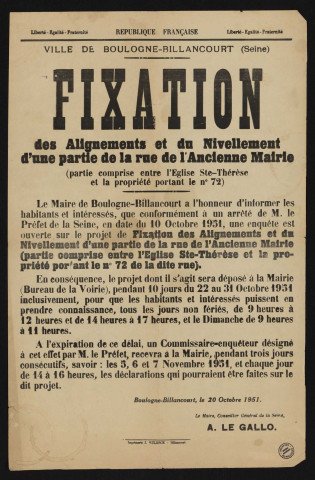 Fixation des alignements et du nivellement d'une partie de la rue de l'Ancienne-Mairie,