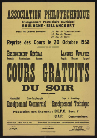 Association philotechnique : cours gratuits du soir, reprise des cours le 20 octobre 1958,