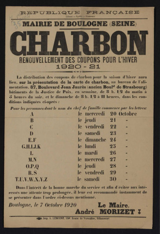 Charbon : renouvellement des coupons pour l'hiver 1920-21,